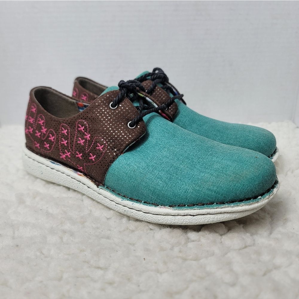 Justin JL141 Women’s Casual Shoes Turquoise Brown Cactus Stitch Lace-Up 8 M